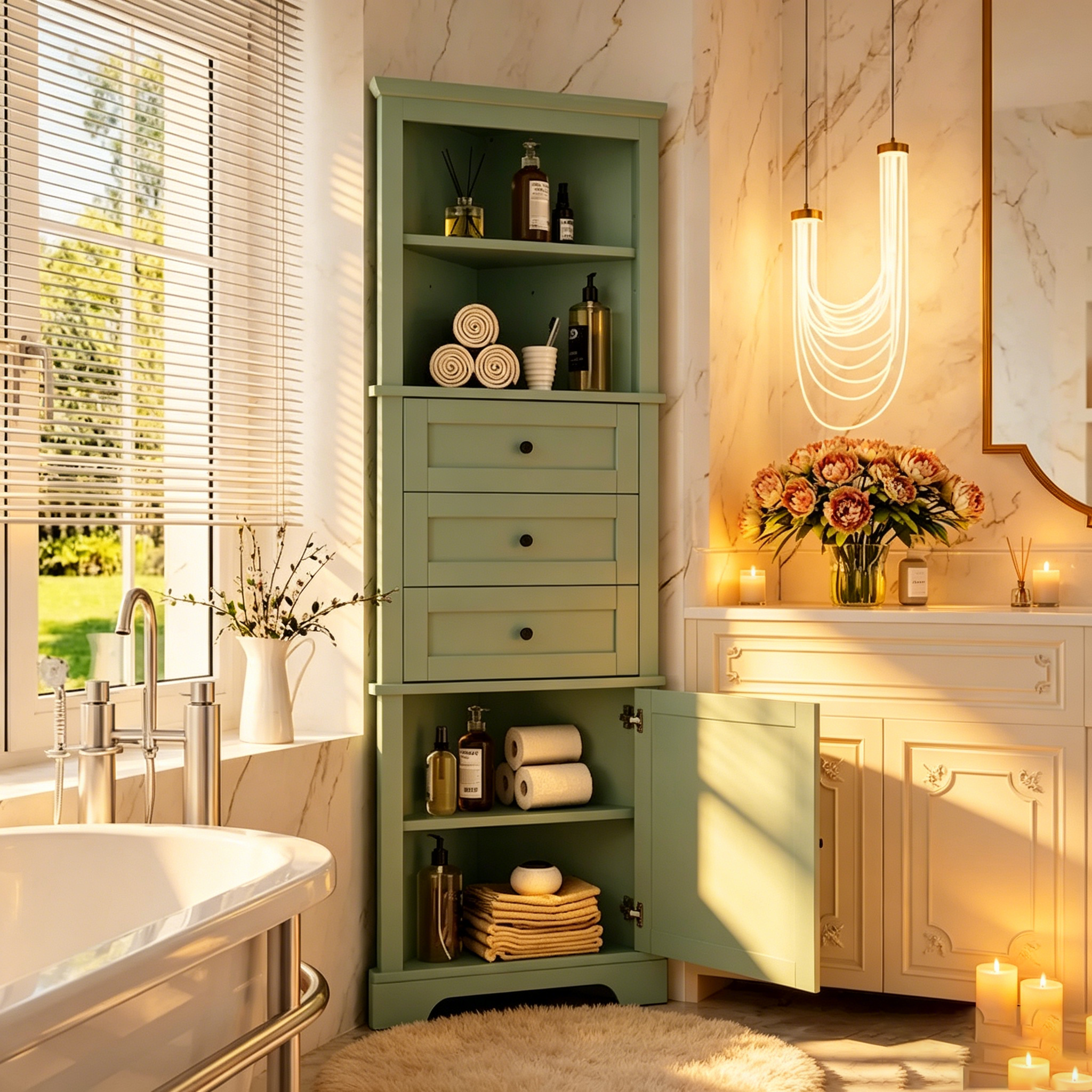 Meuble haut d'angle avec 3 tiroirs et étagères réglables pour salle de bain,
