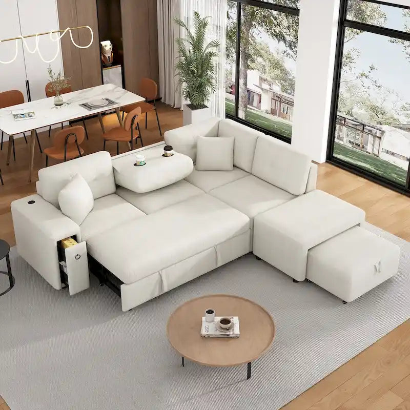 Canapé-lit d'angle convertible avec pouf mobile, deux ports USB