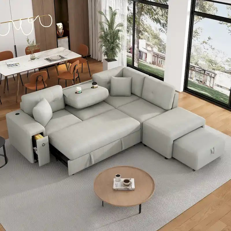 Canapé-lit d'angle convertible avec pouf mobile, deux ports USB