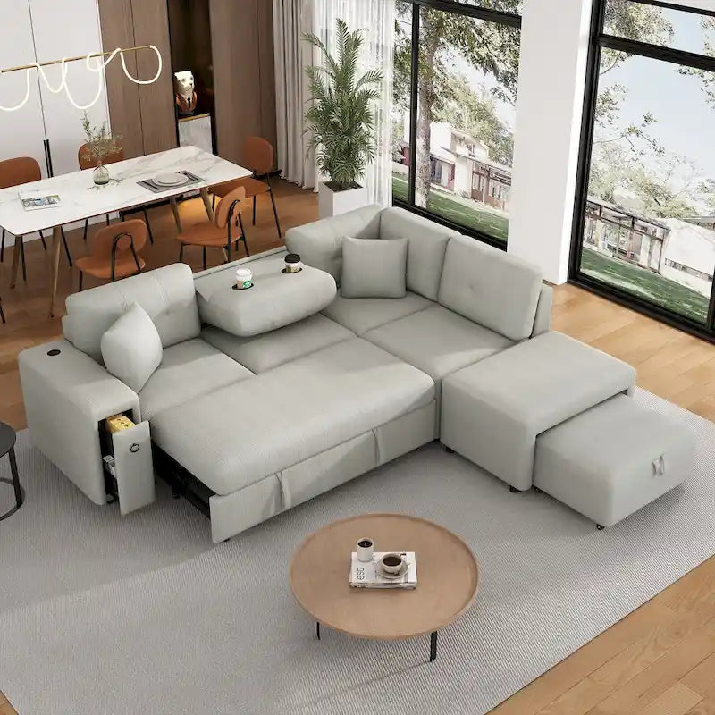 Canapé-lit d'angle convertible avec pouf mobile, deux ports USB