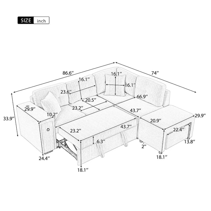 Canapé-lit d'angle convertible avec pouf mobile, deux ports USB