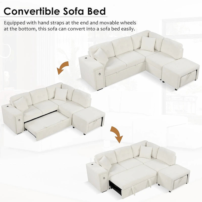 Canapé-lit d'angle convertible avec pouf mobile, deux ports USB