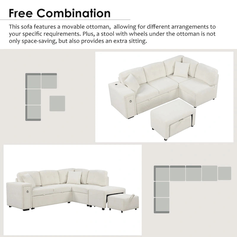 Canapé-lit d'angle convertible avec pouf mobile, deux ports USB