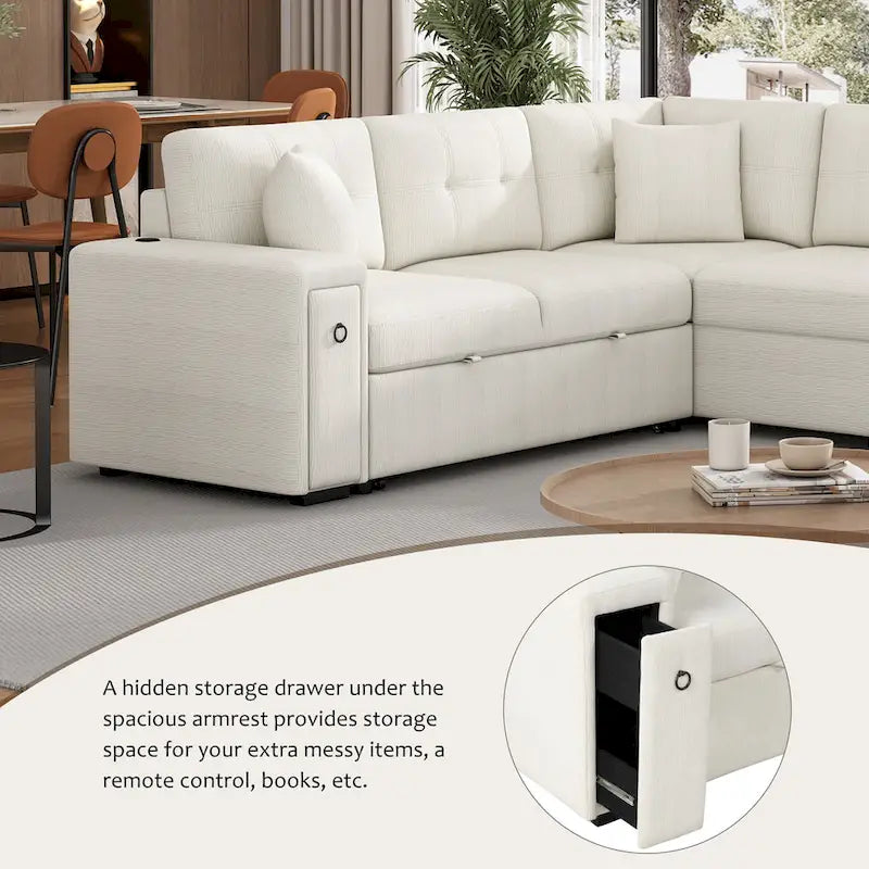 Canapé-lit d'angle convertible avec pouf mobile, deux ports USB