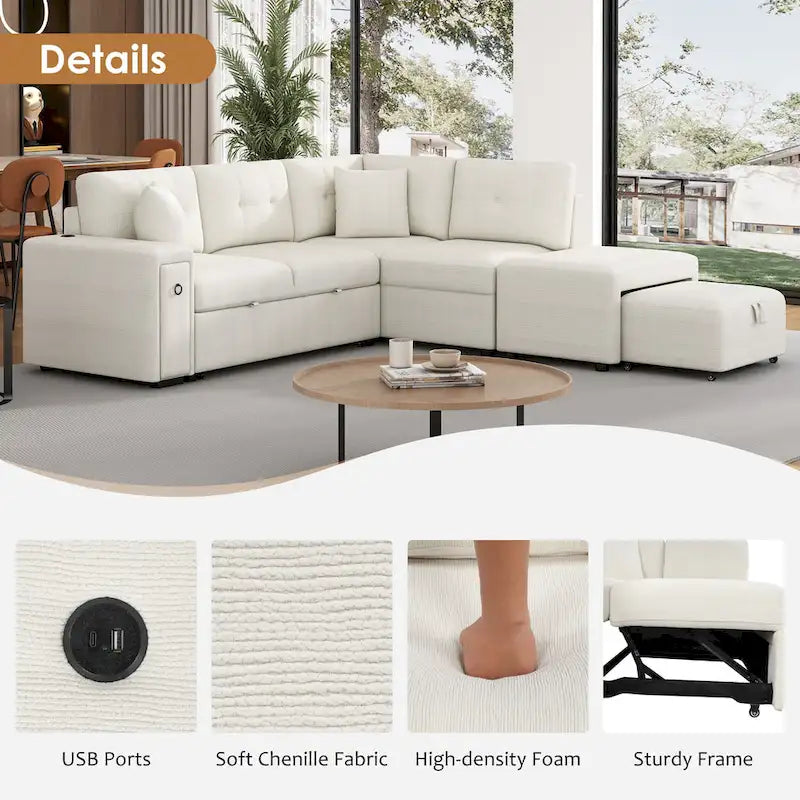 Canapé-lit d'angle convertible avec pouf mobile, deux ports USB