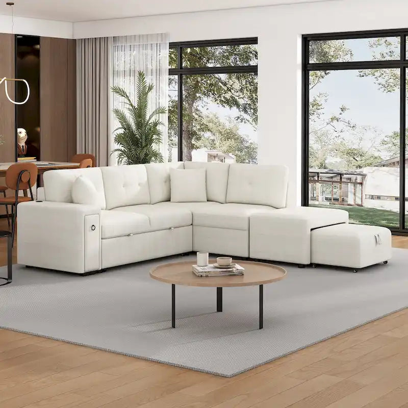 Canapé-lit d'angle convertible avec pouf mobile, deux ports USB