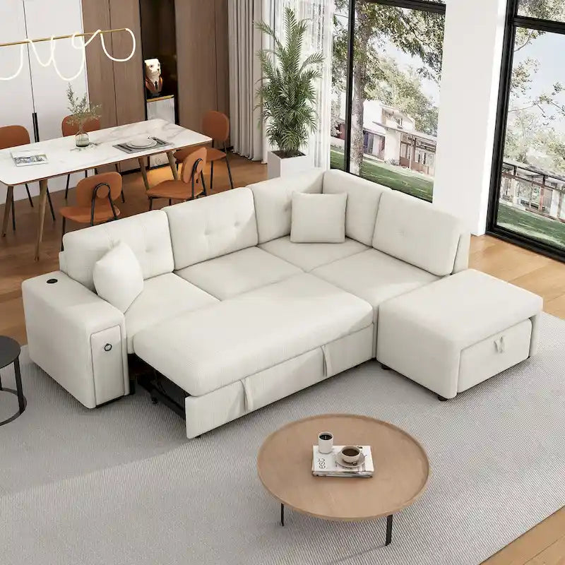 Canapé-lit d'angle convertible avec pouf mobile, deux ports USB