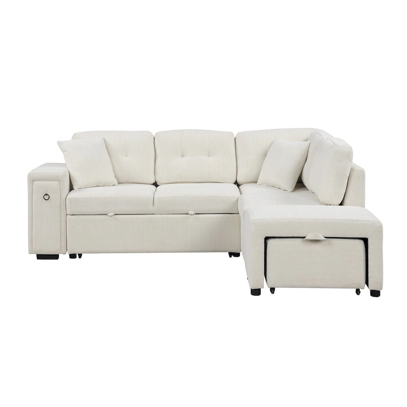 Canapé-lit d'angle convertible avec pouf mobile, deux ports USB