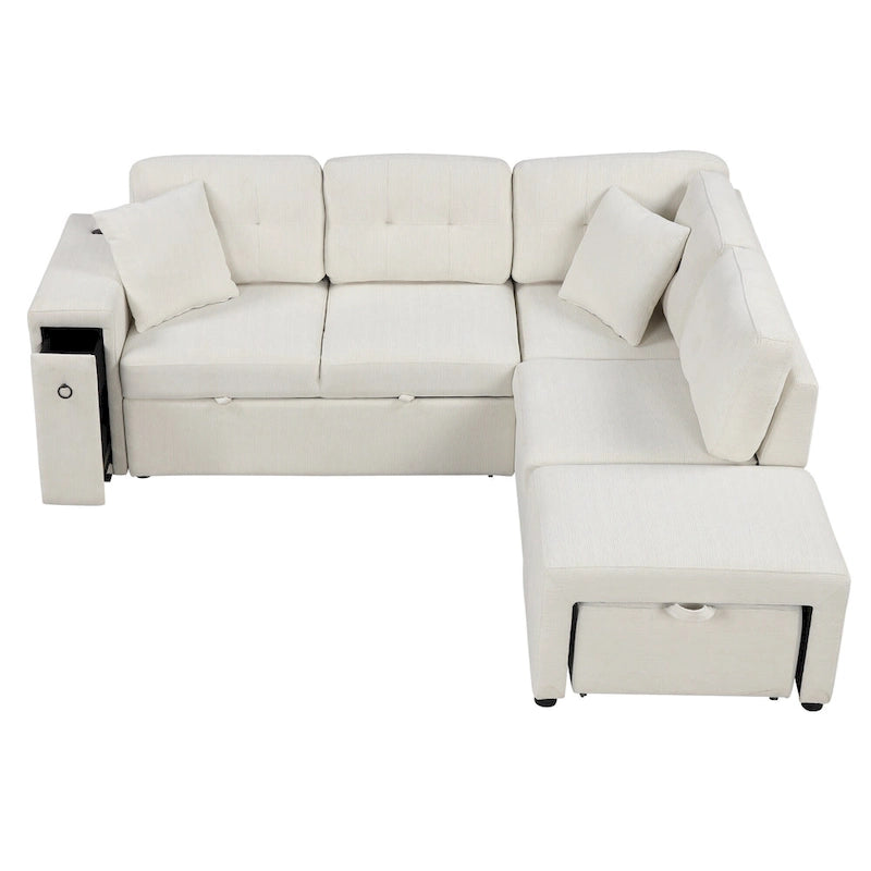 Canapé-lit d'angle convertible avec pouf mobile, deux ports USB