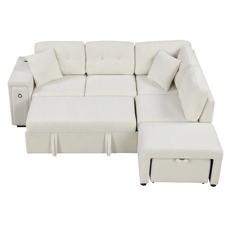 Canapé-lit d'angle convertible avec pouf mobile, deux ports USB