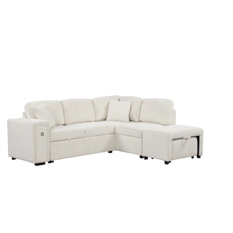 Canapé-lit d'angle convertible avec pouf mobile, deux ports USB