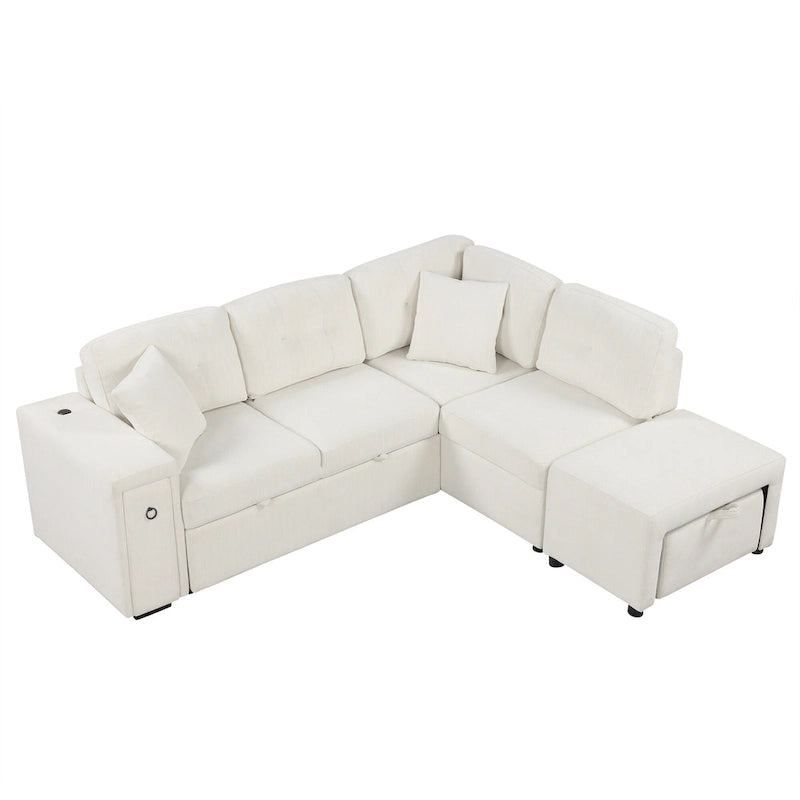 Canapé-lit d'angle convertible avec pouf mobile, deux ports USB