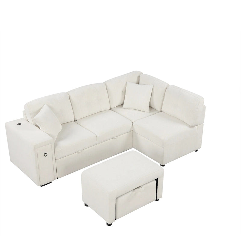 Canapé-lit d'angle convertible avec pouf mobile, deux ports USB
