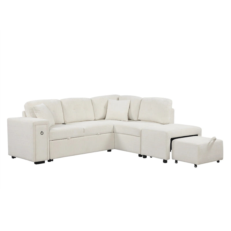 Canapé-lit d'angle convertible avec pouf mobile, deux ports USB