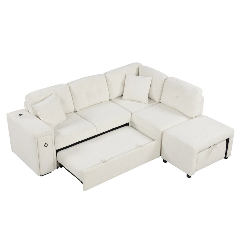 Canapé-lit d'angle convertible avec pouf mobile, deux ports USB