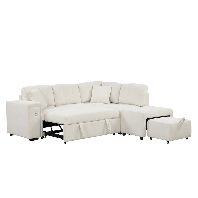 Canapé-lit d'angle convertible avec pouf mobile, deux ports USB