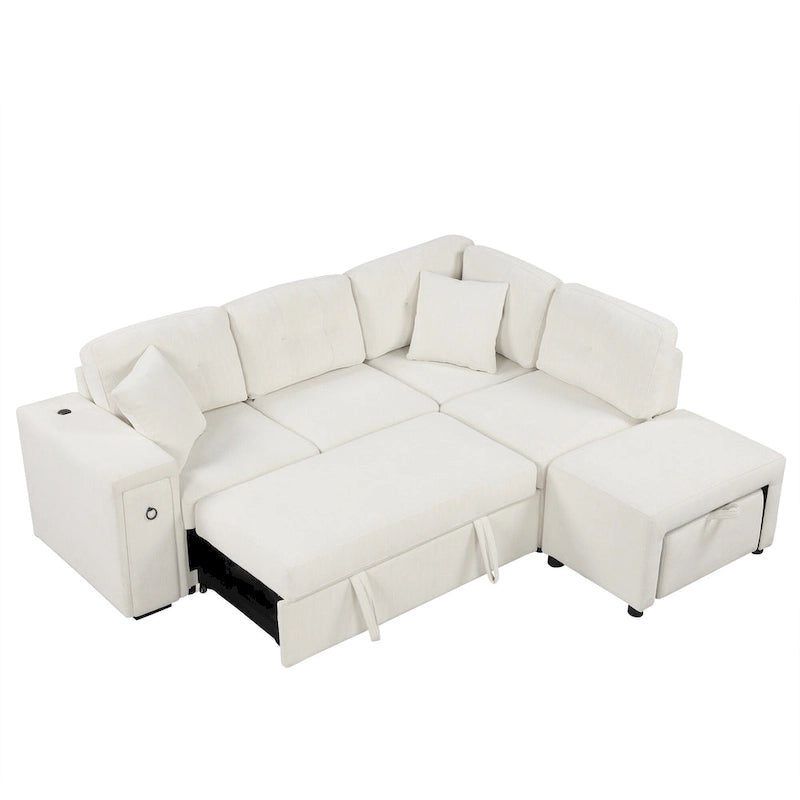 Canapé-lit d'angle convertible avec pouf mobile, deux ports USB