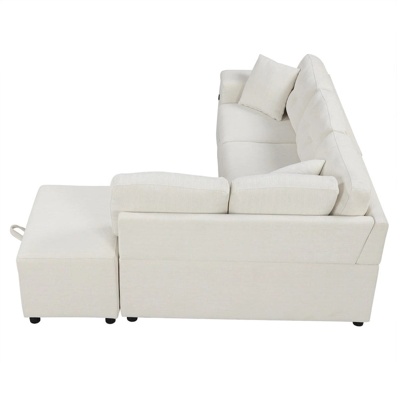 Canapé-lit d'angle convertible avec pouf mobile, deux ports USB