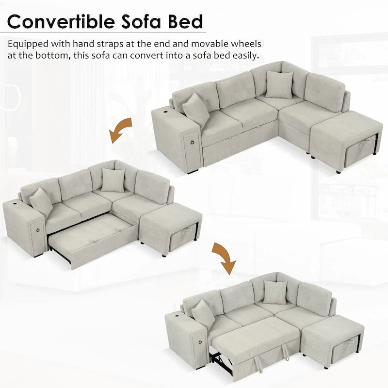 Canapé-lit d'angle convertible avec pouf mobile, deux ports USB