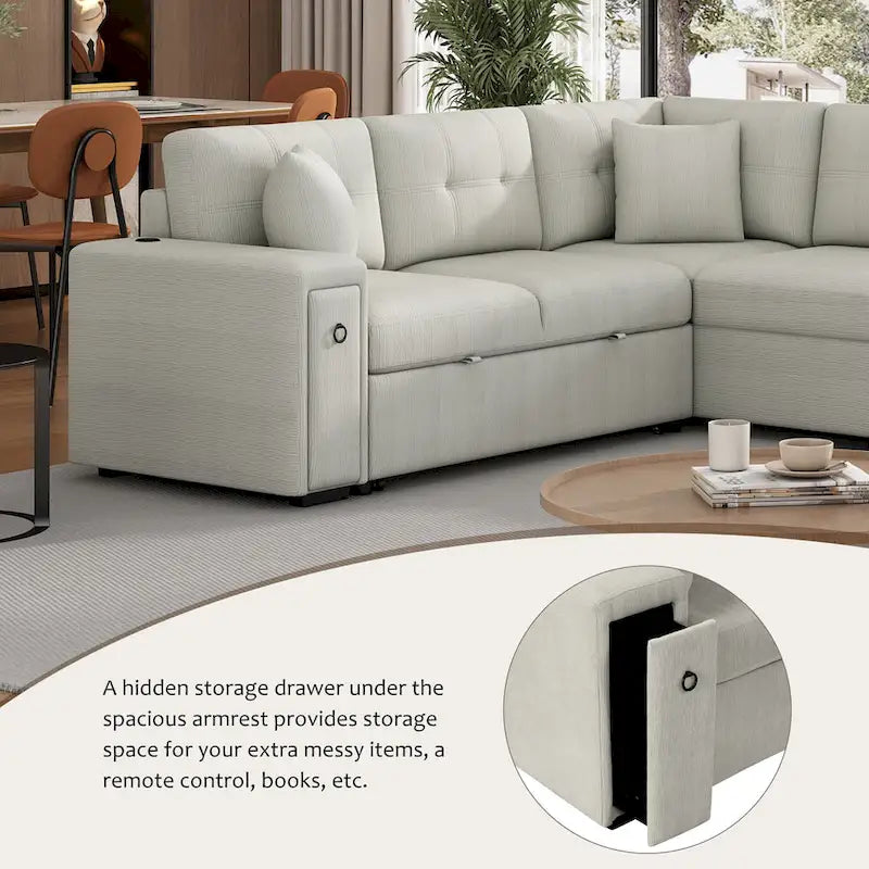 Canapé-lit d'angle convertible avec pouf mobile, deux ports USB