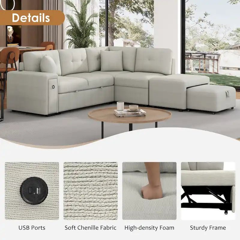 Canapé-lit d'angle convertible avec pouf mobile, deux ports USB