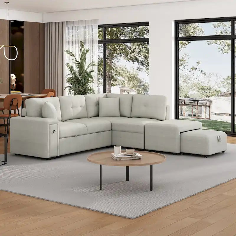 Canapé-lit d'angle convertible avec pouf mobile, deux ports USB