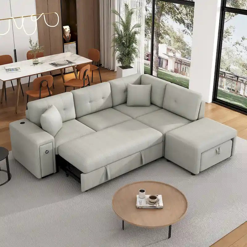 Canapé-lit d'angle convertible avec pouf mobile, deux ports USB