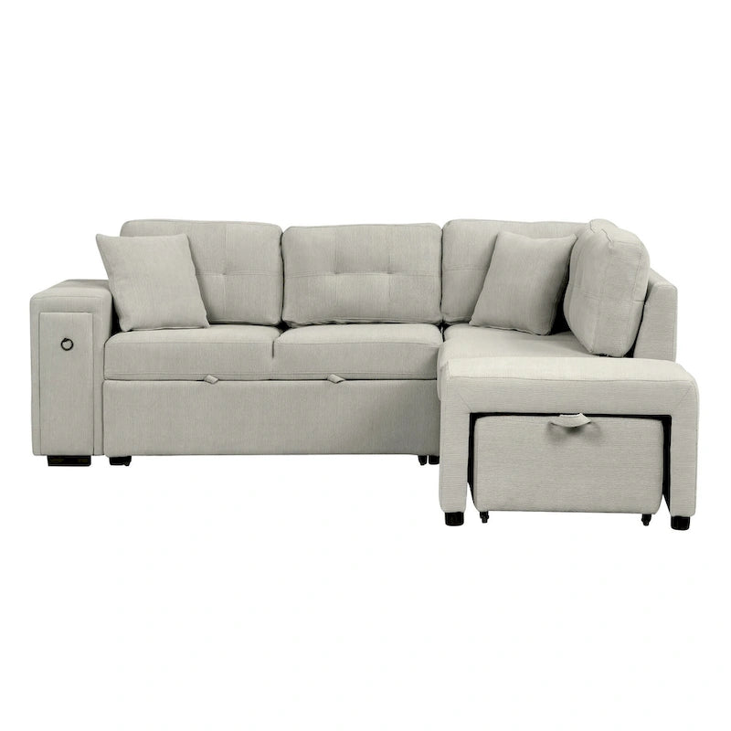 Canapé-lit d'angle convertible avec pouf mobile, deux ports USB
