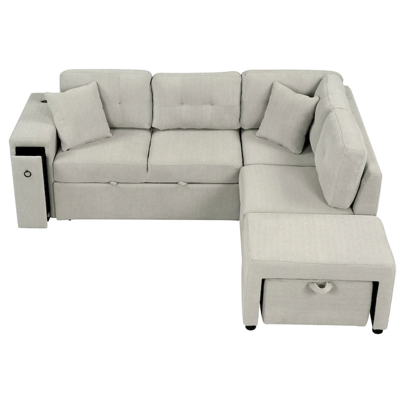 Canapé-lit d'angle convertible avec pouf mobile, deux ports USB