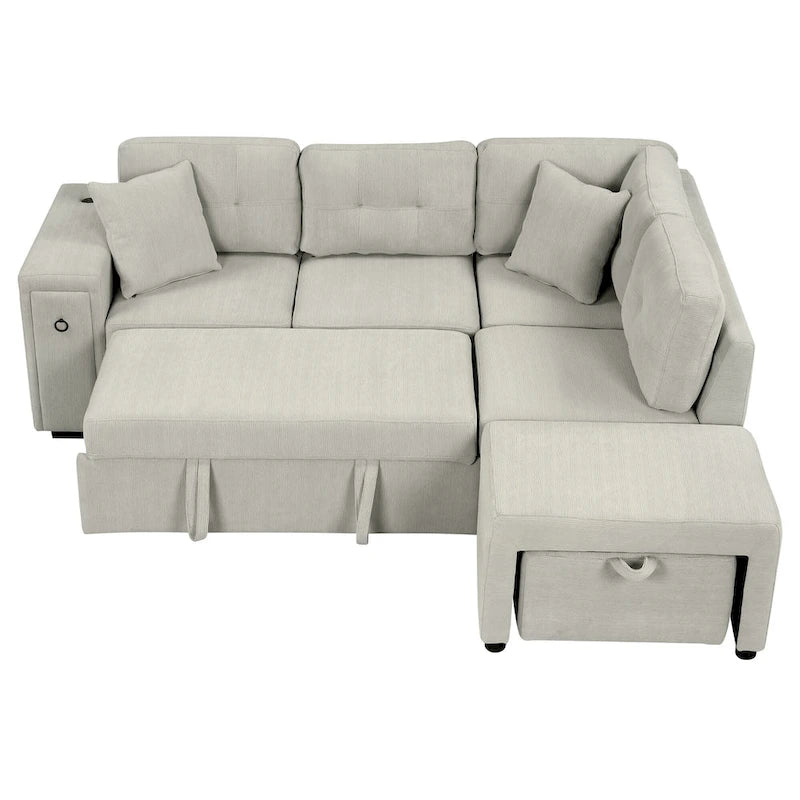 Canapé-lit d'angle convertible avec pouf mobile, deux ports USB