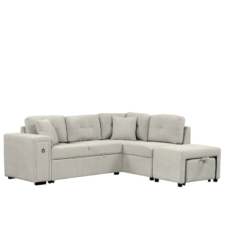 Canapé-lit d'angle convertible avec pouf mobile, deux ports USB