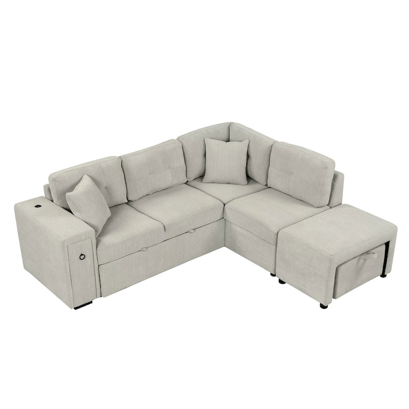 Canapé-lit d'angle convertible avec pouf mobile, deux ports USB