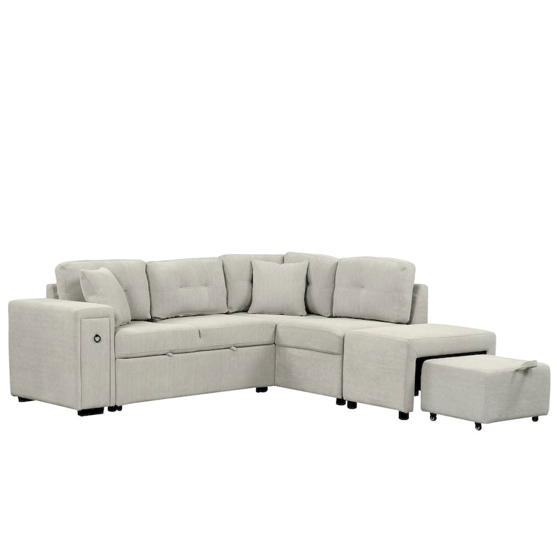 Canapé-lit d'angle convertible avec pouf mobile, deux ports USB