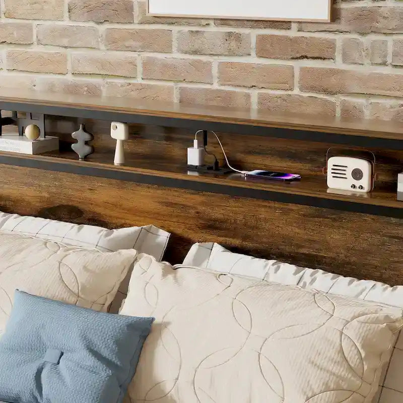 Lit plateforme avec tête de lit de rangement, éclairage LED et recharge