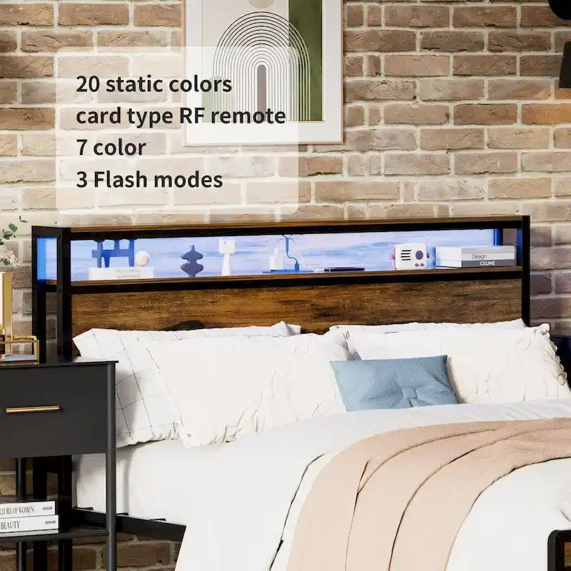 Lit plateforme avec tête de lit de rangement, éclairage LED et recharge