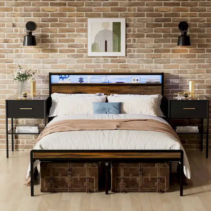 Lit plateforme avec tête de lit de rangement, éclairage LED et recharge