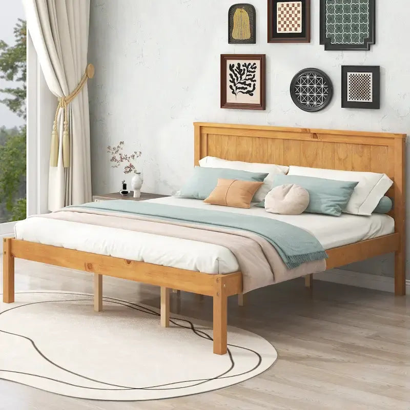 Lit plateforme en bois de pin espresso avec tête de lit