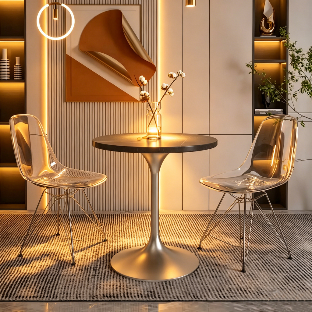 Table à Manger Ronde avec Plateau en Pierre et Piètement en Chrome Brossé