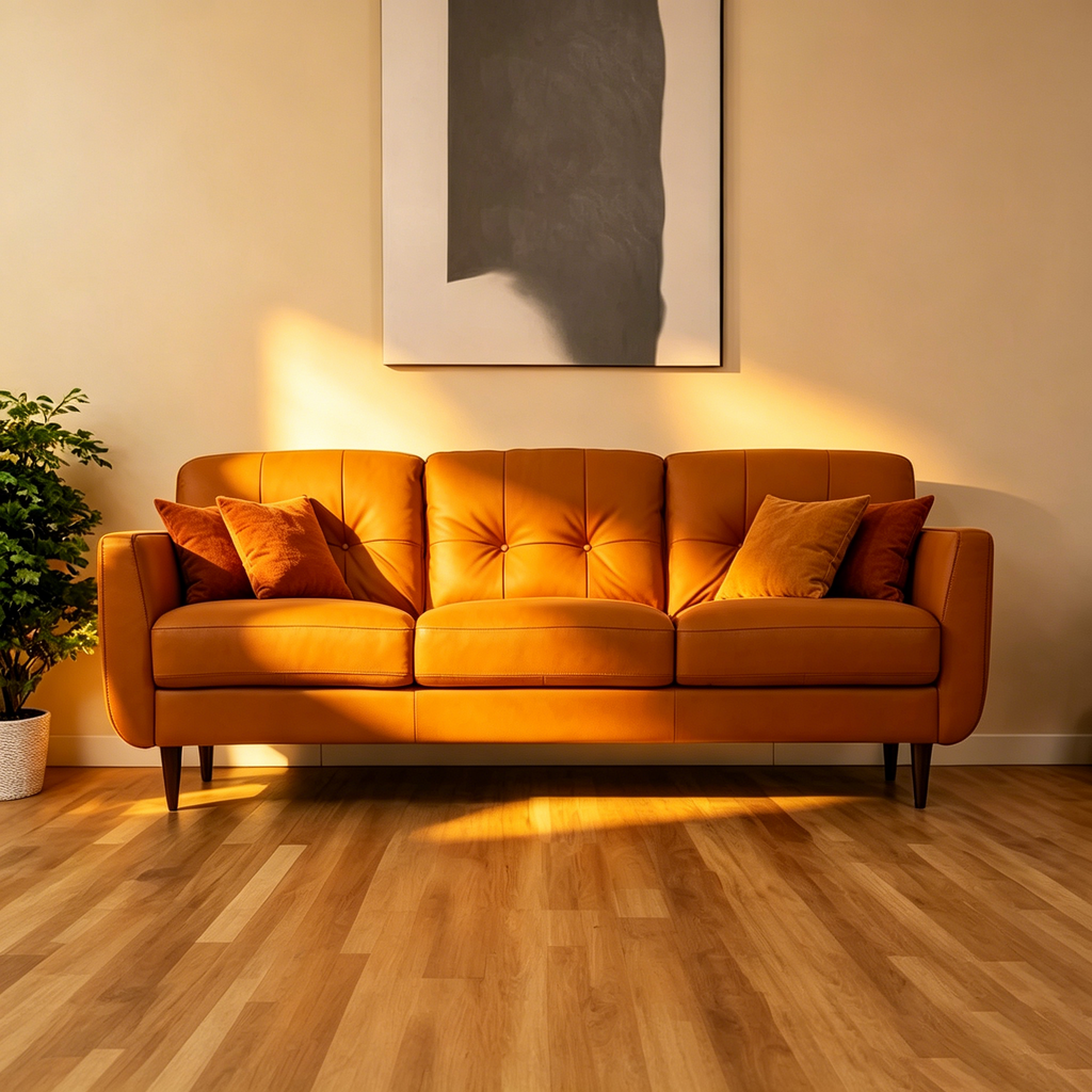 Canapé en cuir orange avec pieds noirs
