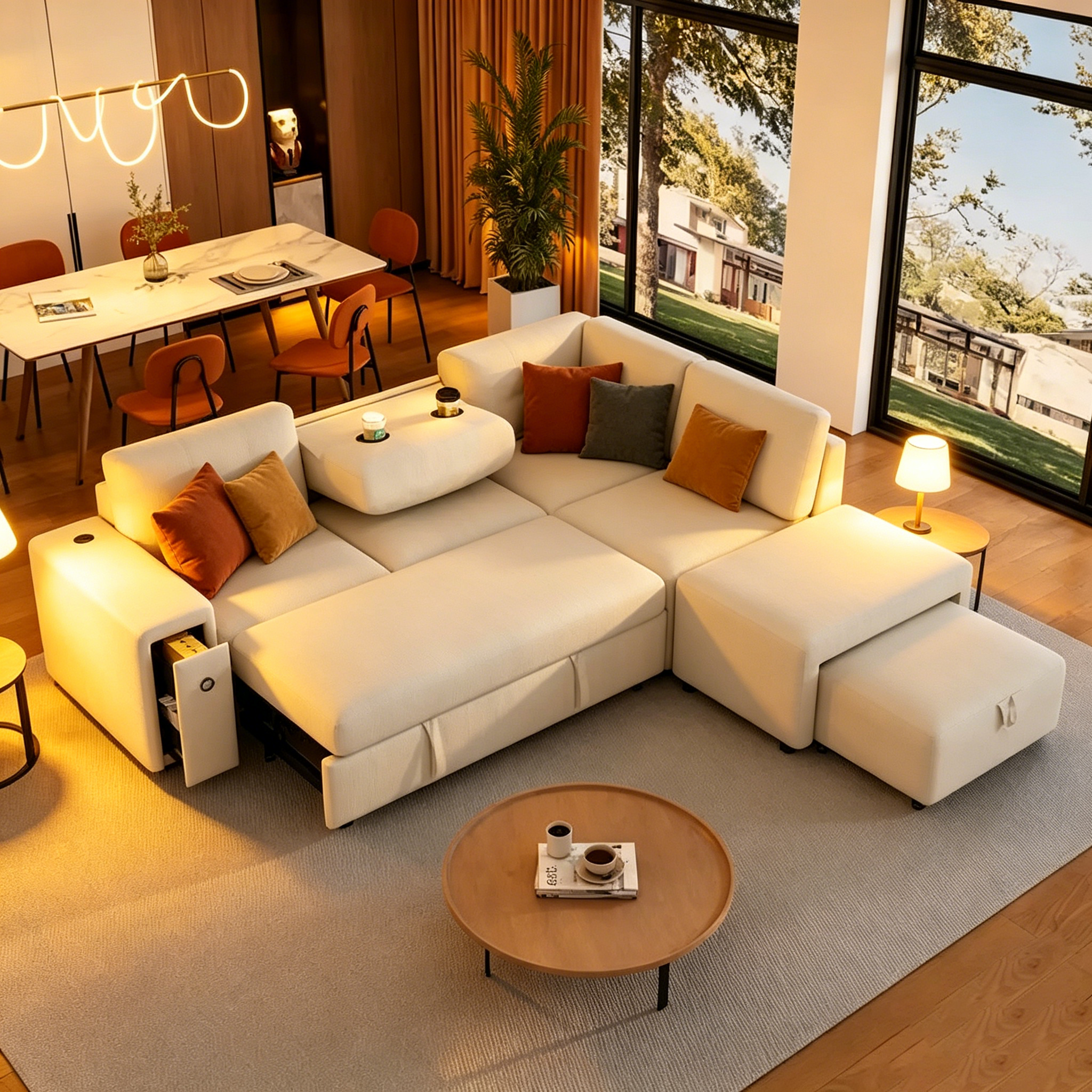 Canapé-lit d'angle convertible avec pouf mobile, deux ports USB