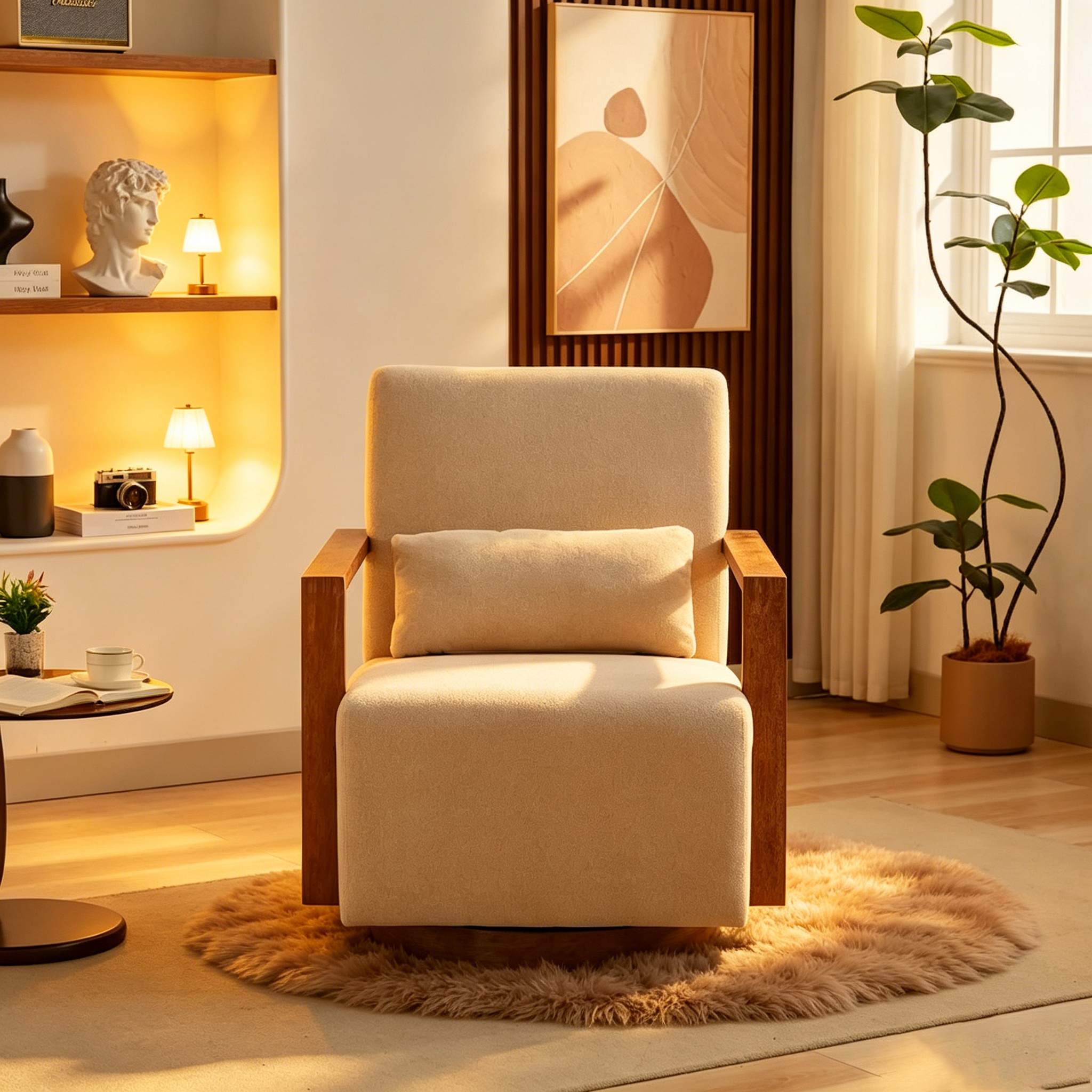 Fauteuil d'appoint pivotant à 360 degrés avec accoudoirs et piètement en bois massif