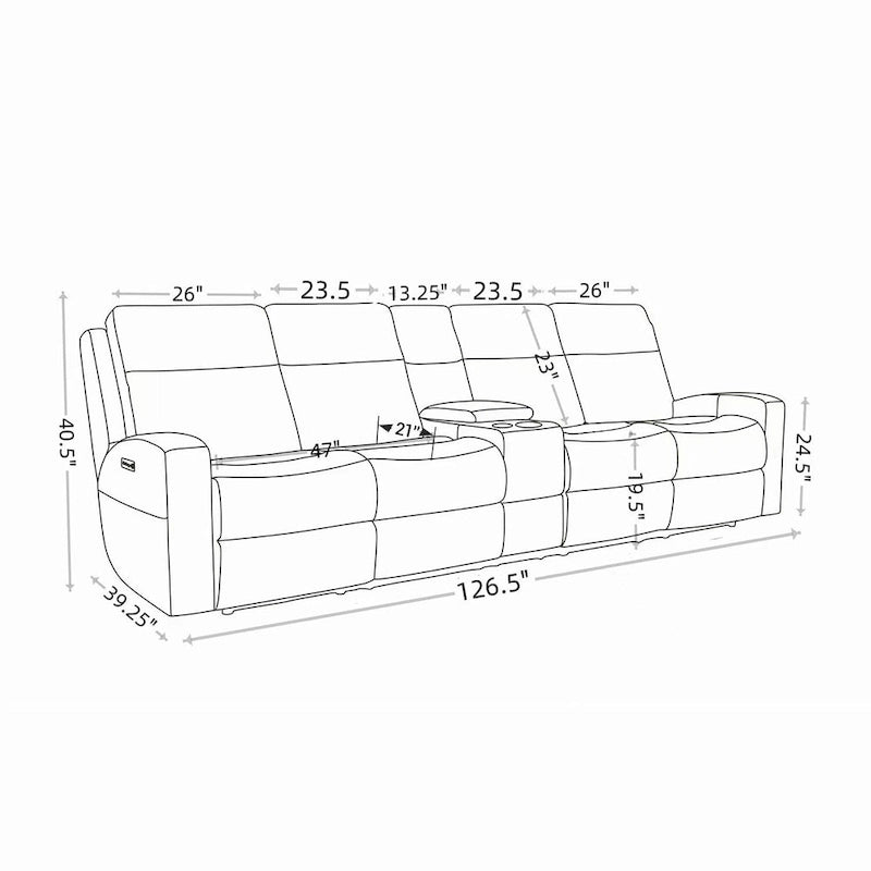 Canapé inclinable électrique 4 places en cuir véritable avec console