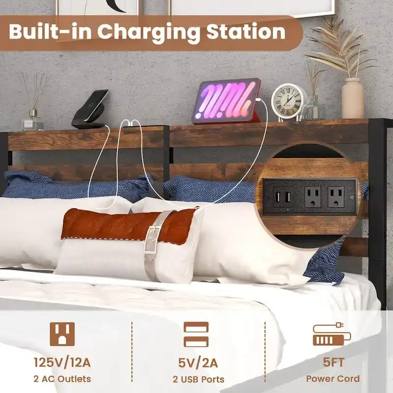 Cadre de lit plateforme en métal industriel avec station de recharge