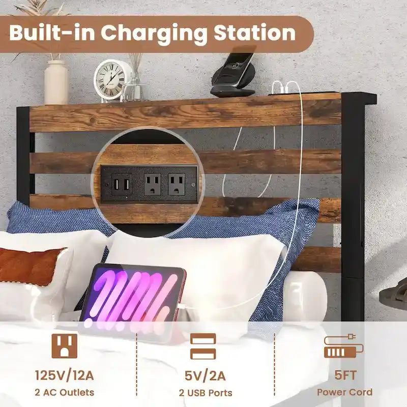 Cadre de lit plateforme en métal industriel avec station de recharge