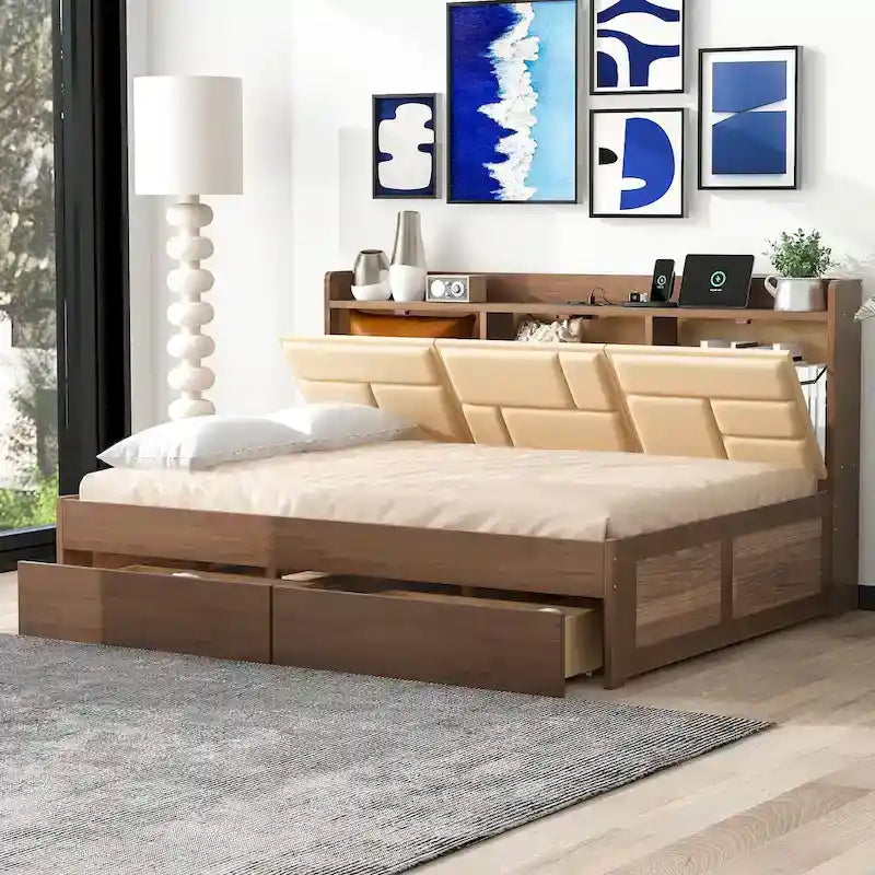 Lit de repos en bois avec ports USB et tiroirs