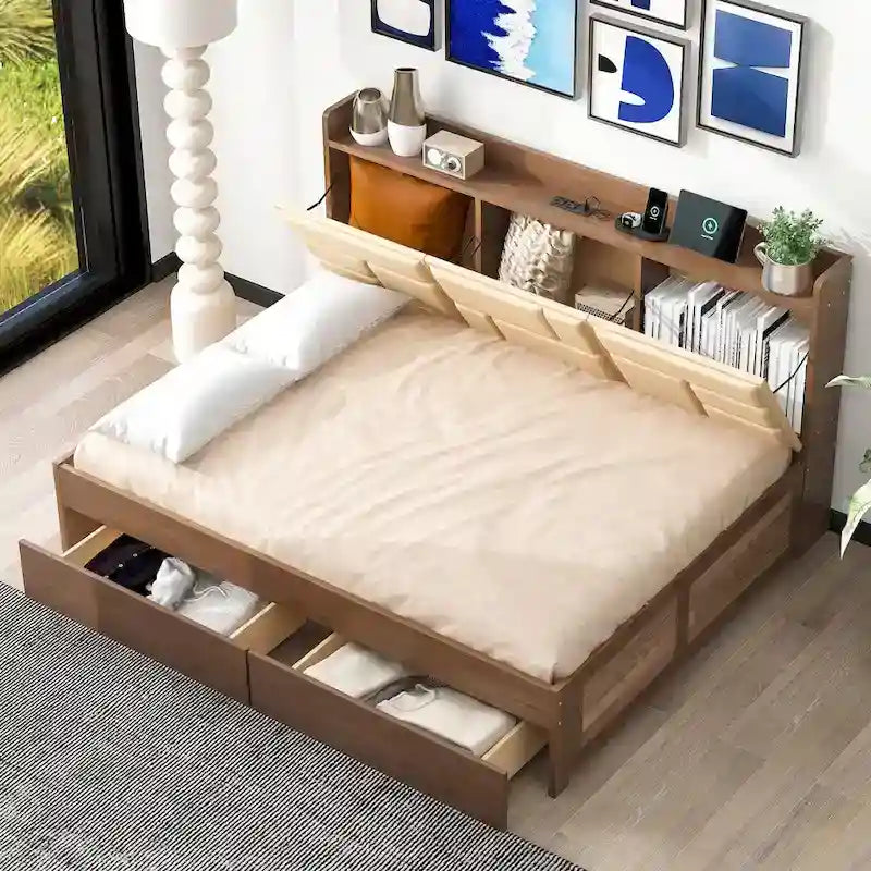 Lit de repos en bois avec ports USB et tiroirs