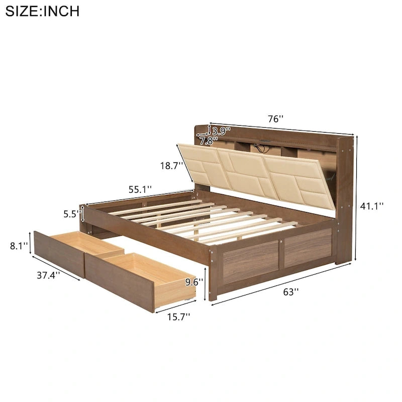 Lit de repos en bois avec ports USB et tiroirs