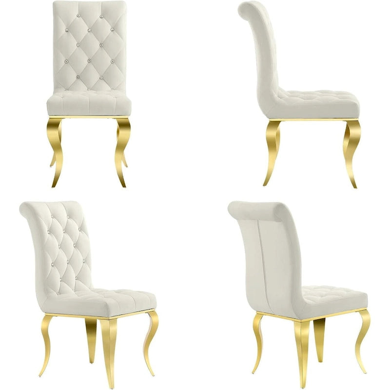 Chaises de salle à manger de luxe en velours blanc avec bouton décoratif en cristal