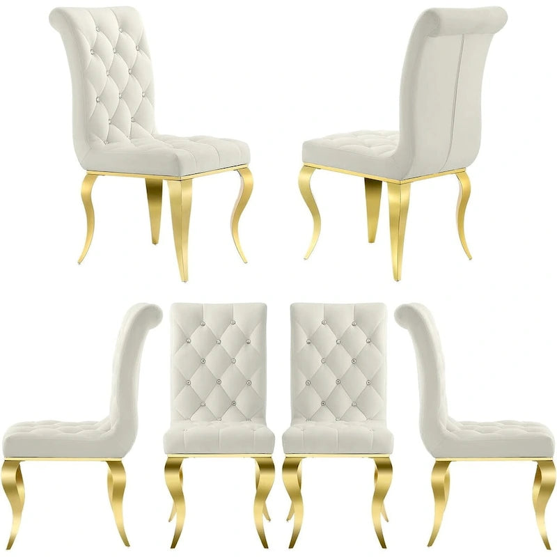 Chaises de salle à manger de luxe en velours blanc avec bouton décoratif en cristal