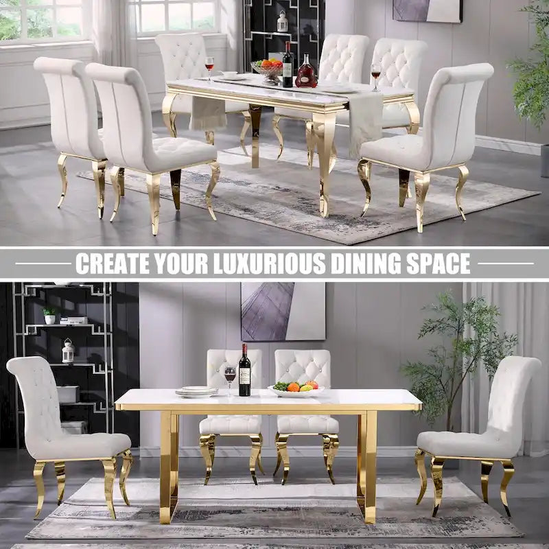Chaises de salle à manger de luxe en velours blanc avec bouton décoratif en cristal